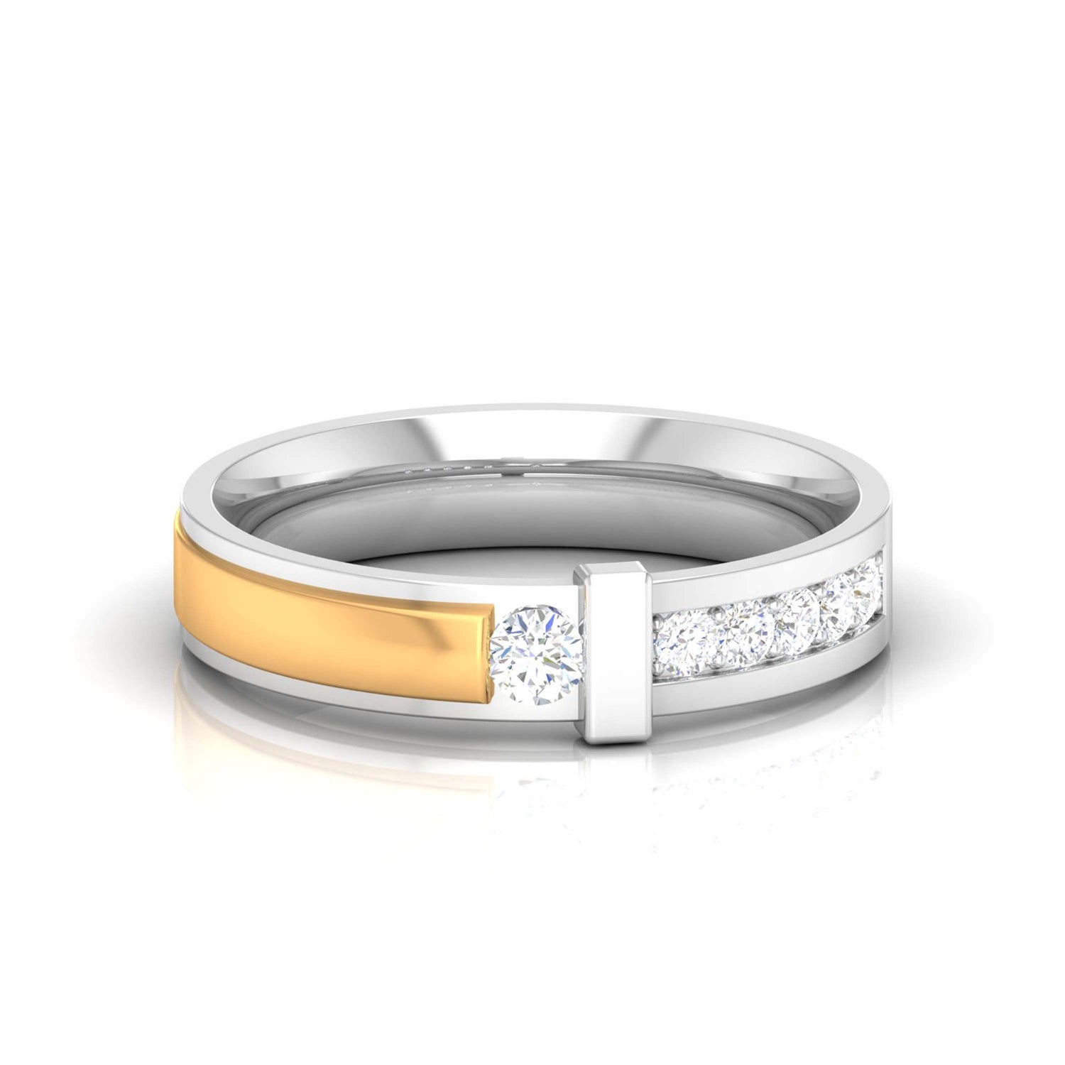 Discover the Siena Diamond Solitaire Ring by Niraa: A stunning two-tone design featuring a gold band on the left and silver on the right, both detailed with dazzling diamonds. The certified central round diamond shines brilliantly, complemented by smaller stones that reflect light beautifully.