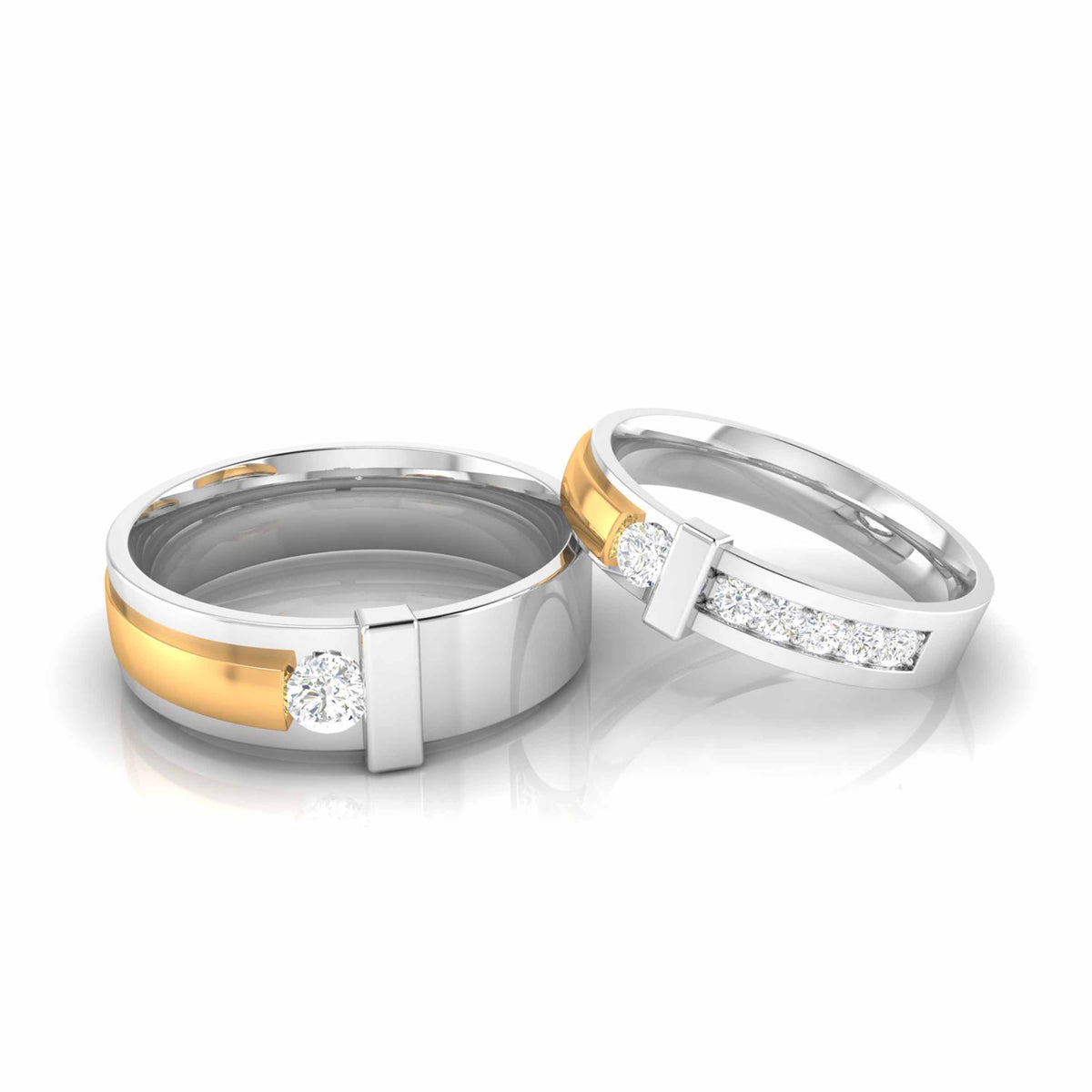 Discover the Siena Diamond Solitaire Ring by Niraa: A stunning two-tone design featuring a gold band on the left and silver on the right, both detailed with dazzling diamonds. The certified central round diamond shines brilliantly, complemented by smaller stones that reflect light beautifully.
