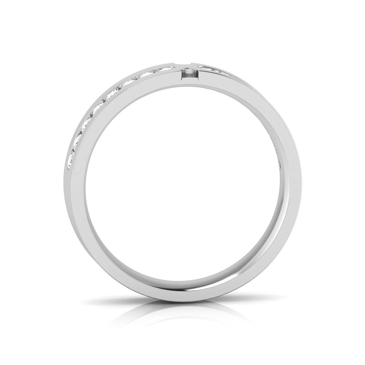 The Zariyah Diamond Ladies Ring by Niraa rests elegantly on a reflective surface, its slim band adorned with small embedded diamonds. Contrasting with the wider grooved silver ring beside it, both showcase a polished finish, embodying elegance and timeless beauty.