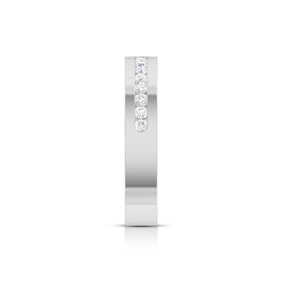 The Zariyah Diamond Ladies Ring by Niraa rests elegantly on a reflective surface, its slim band adorned with small embedded diamonds. Contrasting with the wider grooved silver ring beside it, both showcase a polished finish, embodying elegance and timeless beauty.