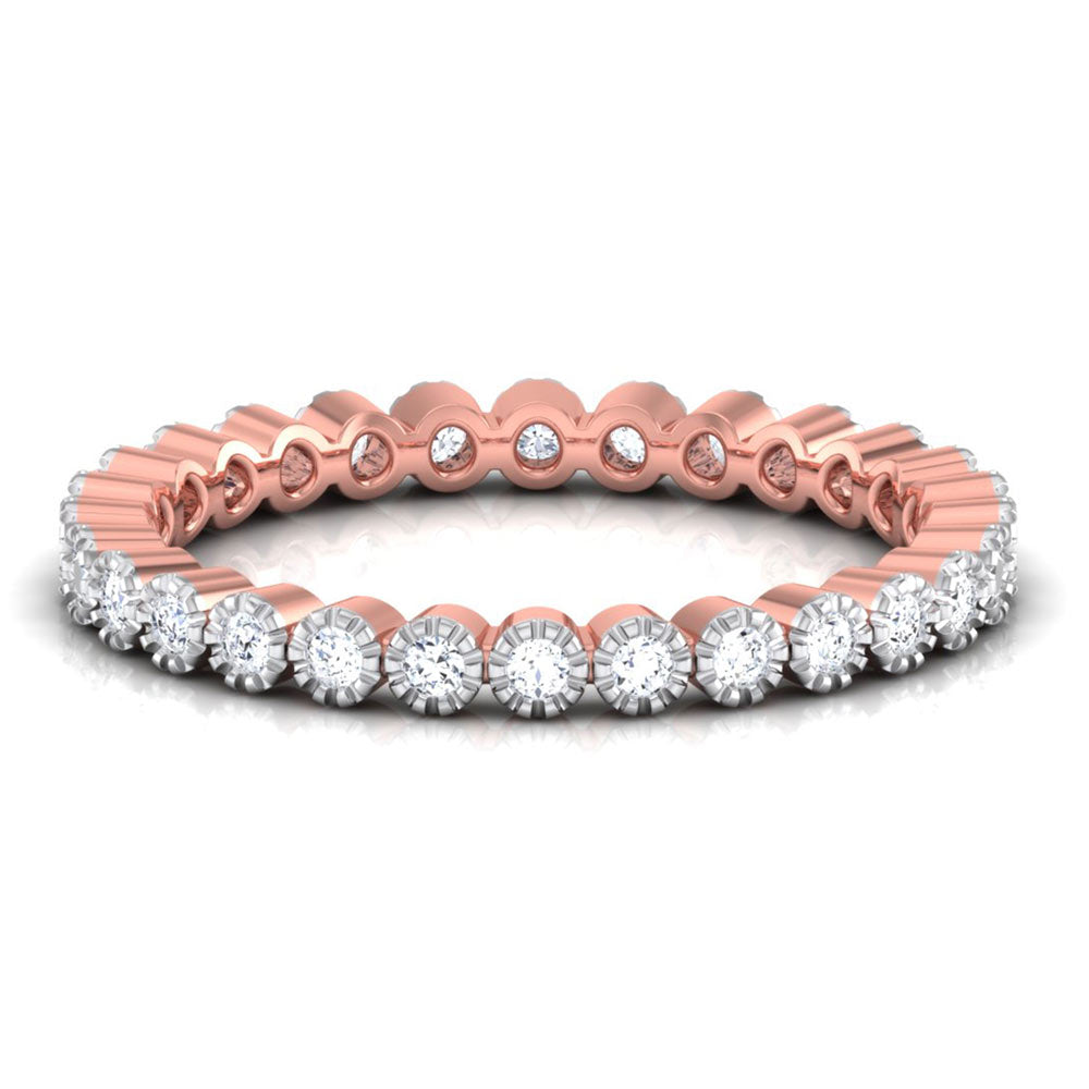 The Niraa Astra Diamond Ladies Ring is a stunning rose gold eternity band adorned with evenly spaced round diamonds encircling the entire design, creating an elegant and timeless look. It includes a diamond certificate for added assurance.