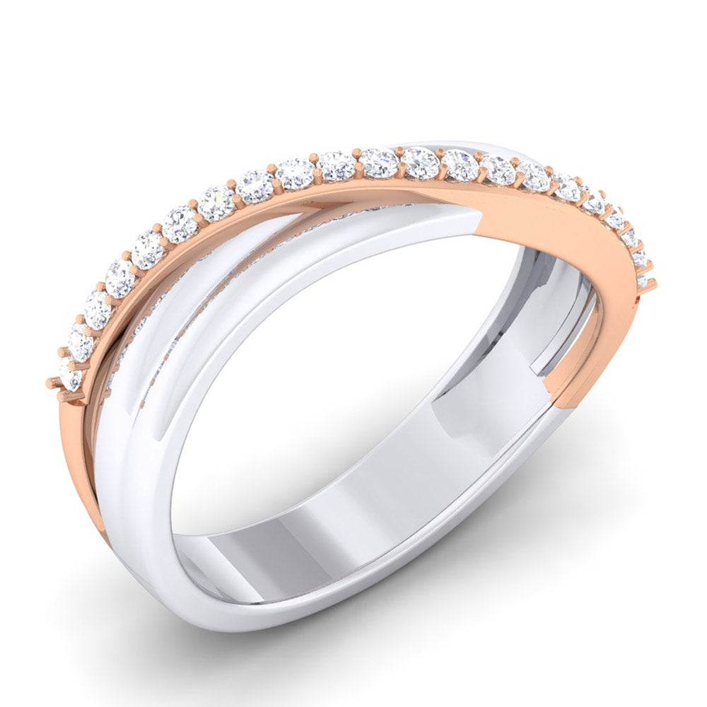The Adya Diamond Ladies Ring by Niraa showcases intertwined bands of white and rose gold. The rose gold band is studded with small diamonds, forming an elegant crisscross design. Accompanied by a diamond certificate, its sleek look is enhanced against a white background.