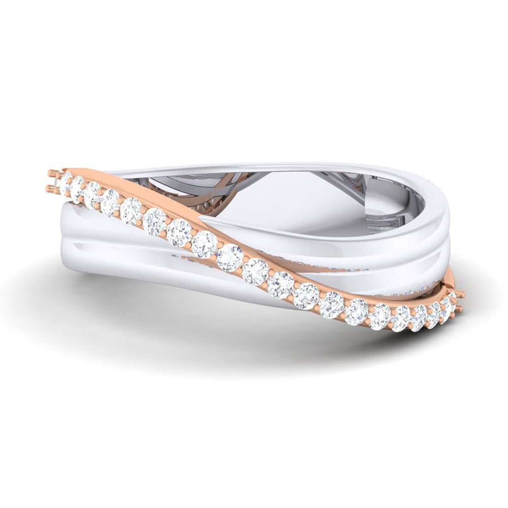 The Adya Diamond Ladies Ring by Niraa showcases intertwined bands of white and rose gold. The rose gold band is studded with small diamonds, forming an elegant crisscross design. Accompanied by a diamond certificate, its sleek look is enhanced against a white background.