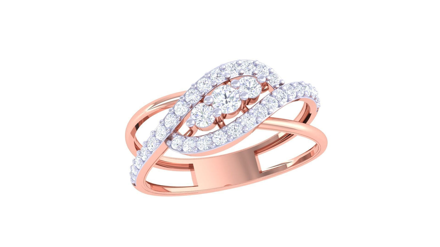 The Mirela Diamond Ladies Ring by Niraa is a luxury accessory featuring two intertwined gold bands studded with small diamonds and adorned with three larger round diamonds in a curving design, showcasing elegance and sparkle.