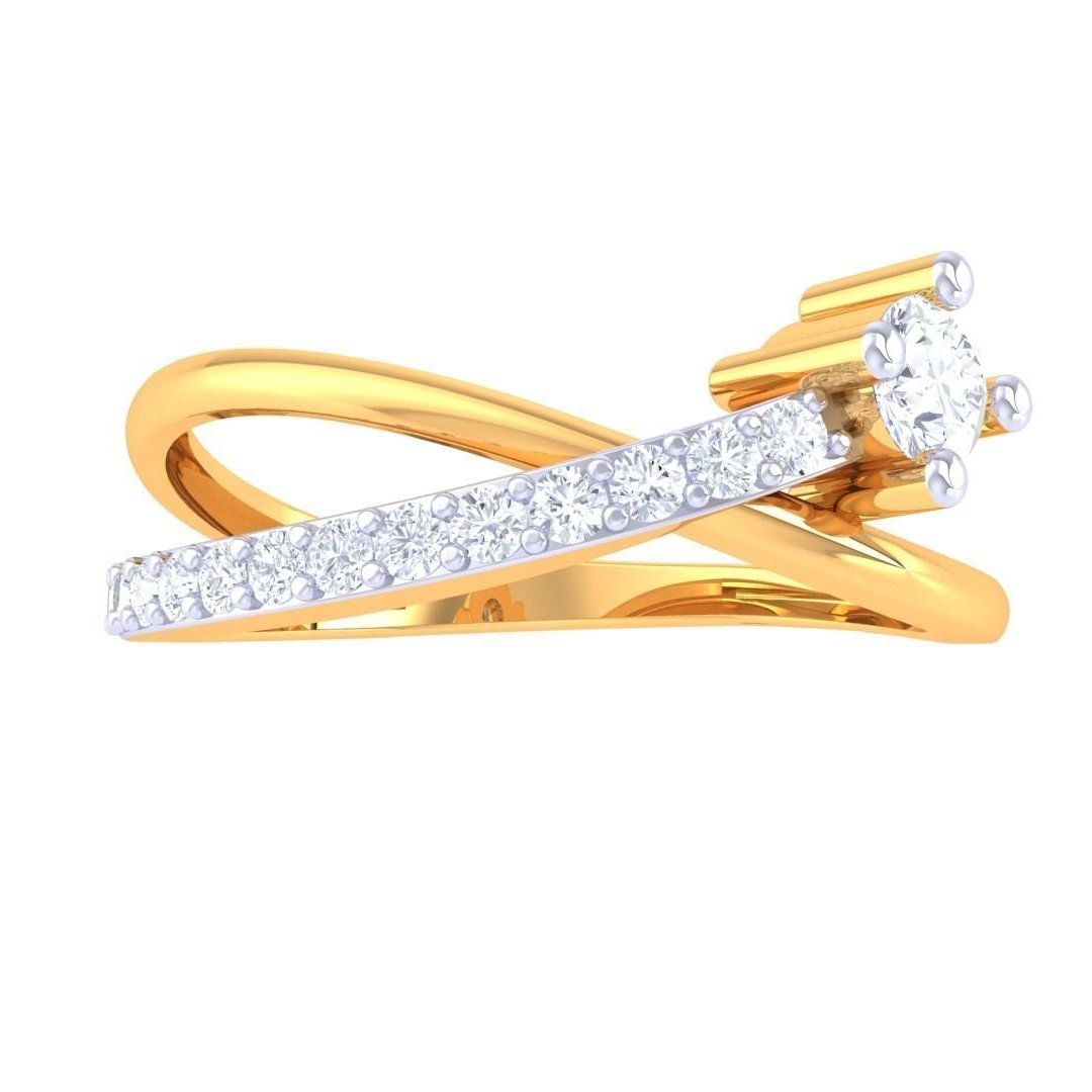 Niraas Elenora Diamond Solitaire Ring features an intersecting gold band design: one plain, one studded with tiny diamonds, topped with an eye-catching round diamond.