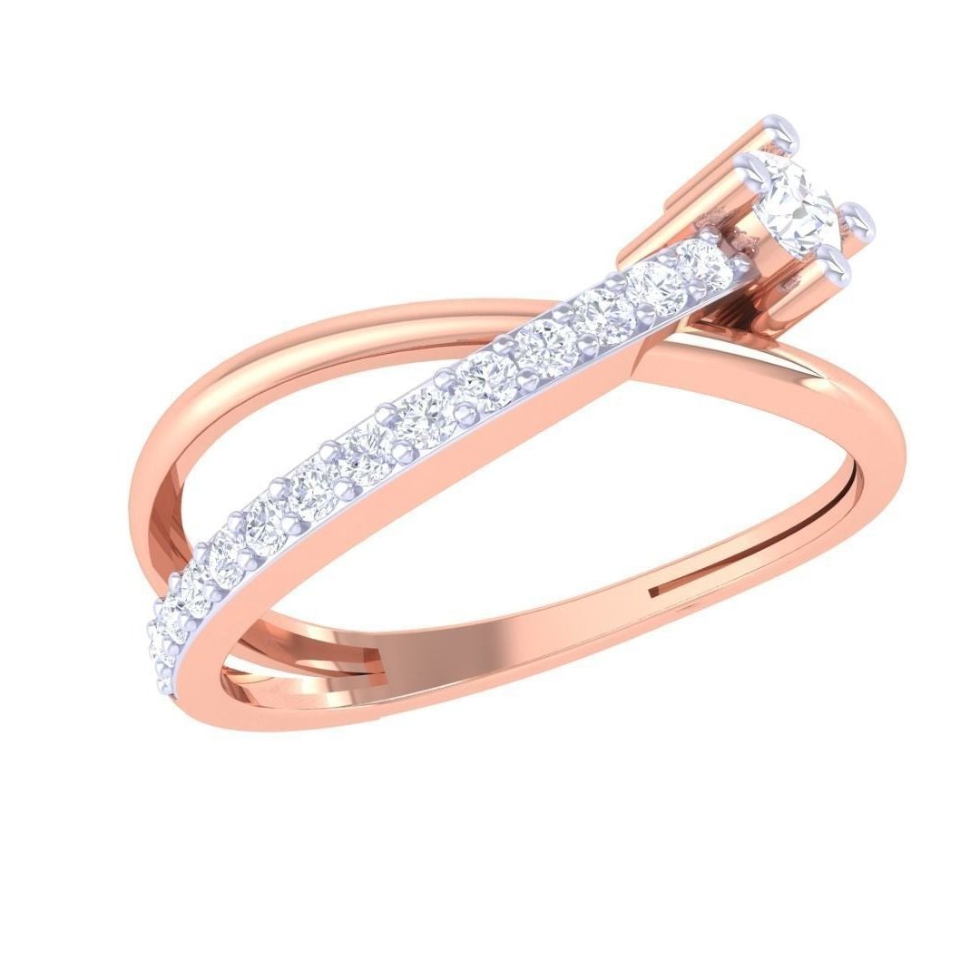 Niraas Elenora Diamond Solitaire Ring features an intersecting gold band design: one plain, one studded with tiny diamonds, topped with an eye-catching round diamond.