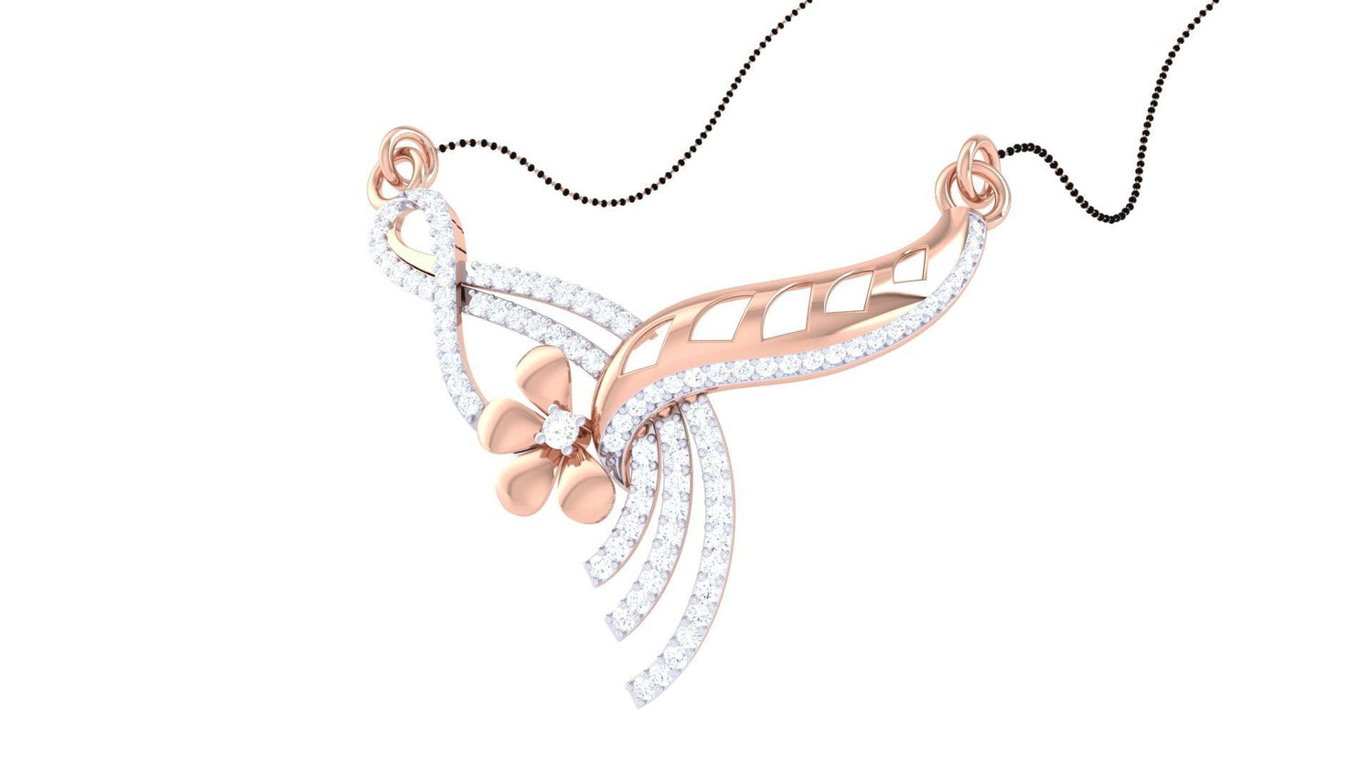 The Amelie Diamond Mangalsutra by Niraa is a gold pendant necklace featuring intricate floral designs with clear gemstones in swirls and leaf shapes, centered around a flower motif. A subtle, fine gold chain complements this elegant piece perfectly.