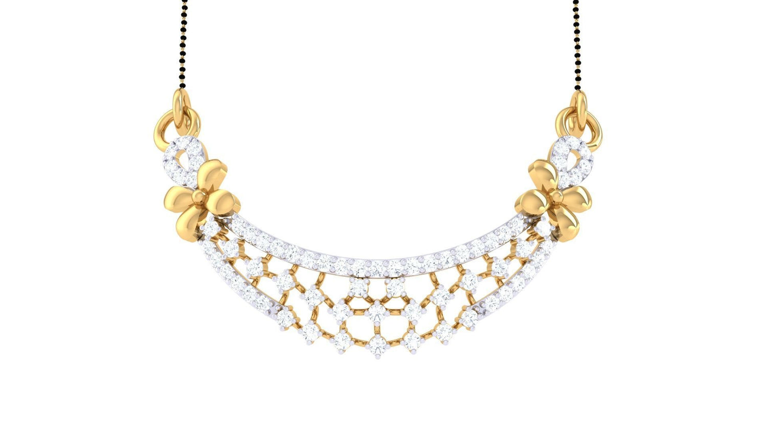 The Xiomara Diamond Mangalsutra by Niraa showcases a floral design with intricate diamond-studded patterns, featuring two prominent flowers on each side. Its thin black chain beautifully complements the elegant and delicate jewelry piece.