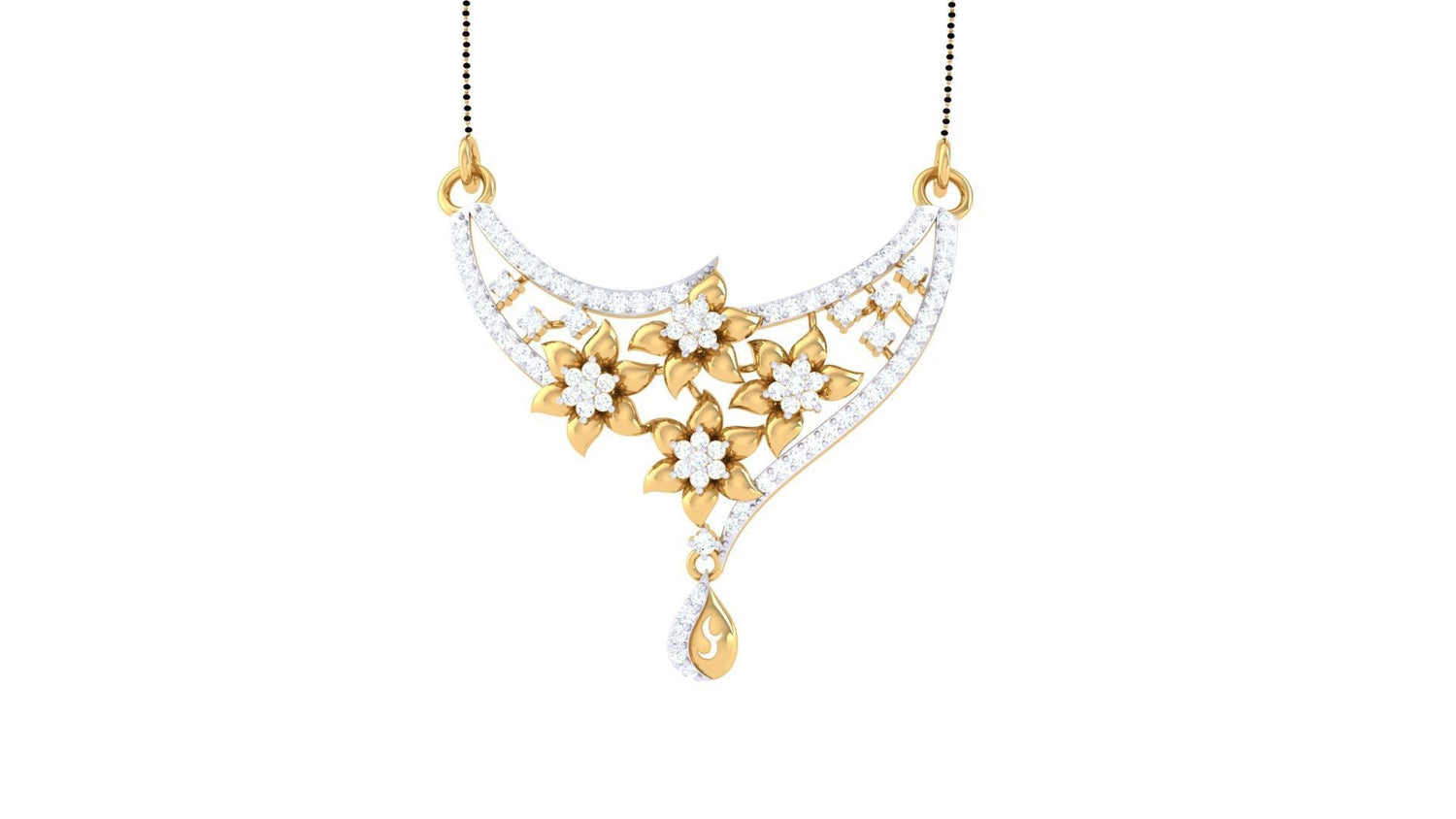The Niraa Davina Diamond Mangalsutra features a gold necklace with an intricate floral design and embedded white gemstones. The central motif showcases three flowers with sparkling stones, leading to a teardrop-shaped pendant. Its fine chain adds elegance to any outfit.