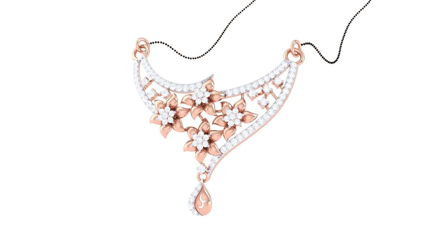 The Niraa Davina Diamond Mangalsutra features a gold necklace with an intricate floral design and embedded white gemstones. The central motif showcases three flowers with sparkling stones, leading to a teardrop-shaped pendant. Its fine chain adds elegance to any outfit.