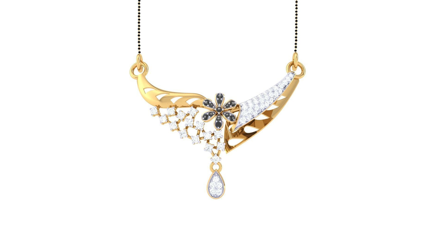The Maliah Diamond Mangalsutra by Niraa features a symmetrical gold necklace with a central black flower motif adorned with diamonds, flowing lines, a teardrop-shaped diamond pendant, and intricate detailing elegantly suspended from a thin chain.