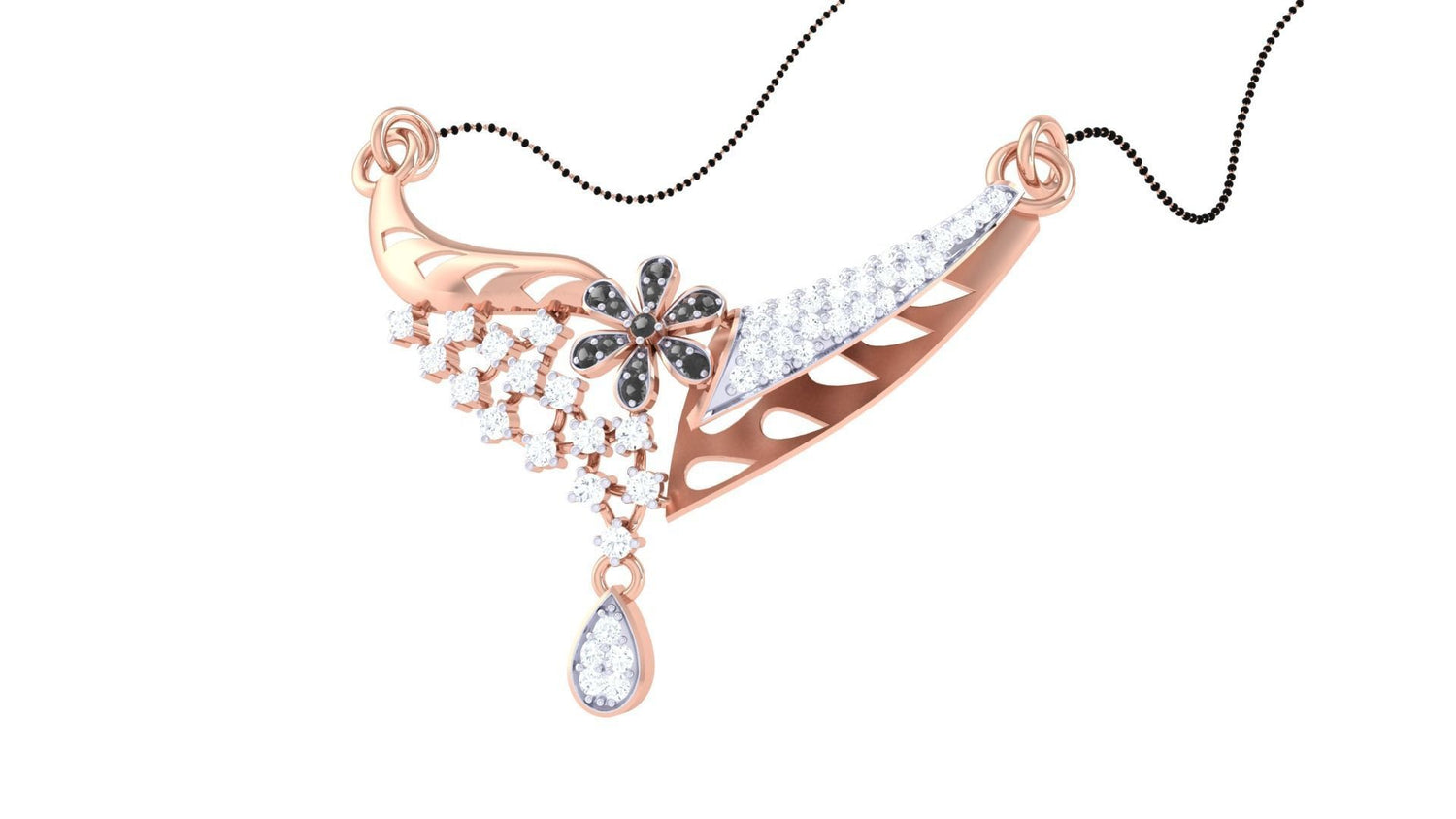 The Maliah Diamond Mangalsutra by Niraa features a symmetrical gold necklace with a central black flower motif adorned with diamonds, flowing lines, a teardrop-shaped diamond pendant, and intricate detailing elegantly suspended from a thin chain.