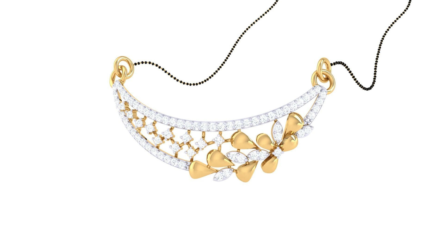 The Linda Diamond Mangalsutra by Niraa is a stunning gold and diamond necklace featuring an elegant floral motif. It boasts three graceful strands adorned with diamonds and golden flowers elegantly draped on a delicate black chain, perfect for adding sophistication to any ensemble.