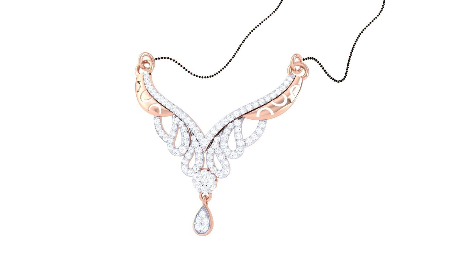 The Austyn Diamond Mangalsutra by Niraa is a luxurious gold necklace featuring an intricate, symmetrical design adorned with sparkling white gemstones. The centerpiece boasts a teardrop-shaped gem elegantly hanging below ornate swirls and loops, enhancing any sophisticated ensemble.