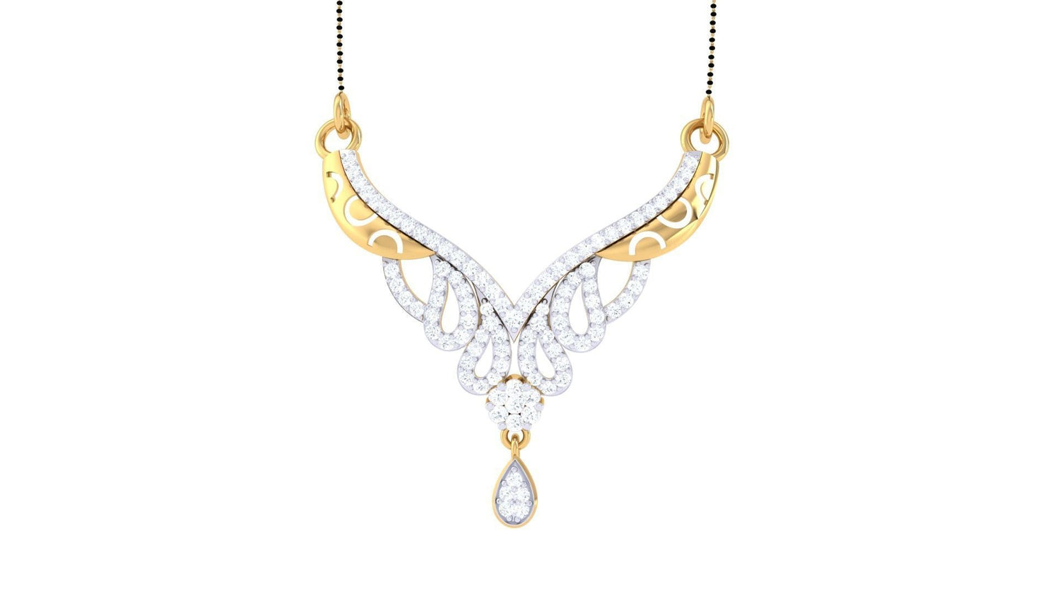 The Austyn Diamond Mangalsutra by Niraa is a luxurious gold necklace featuring an intricate, symmetrical design adorned with sparkling white gemstones. The centerpiece boasts a teardrop-shaped gem elegantly hanging below ornate swirls and loops, enhancing any sophisticated ensemble.