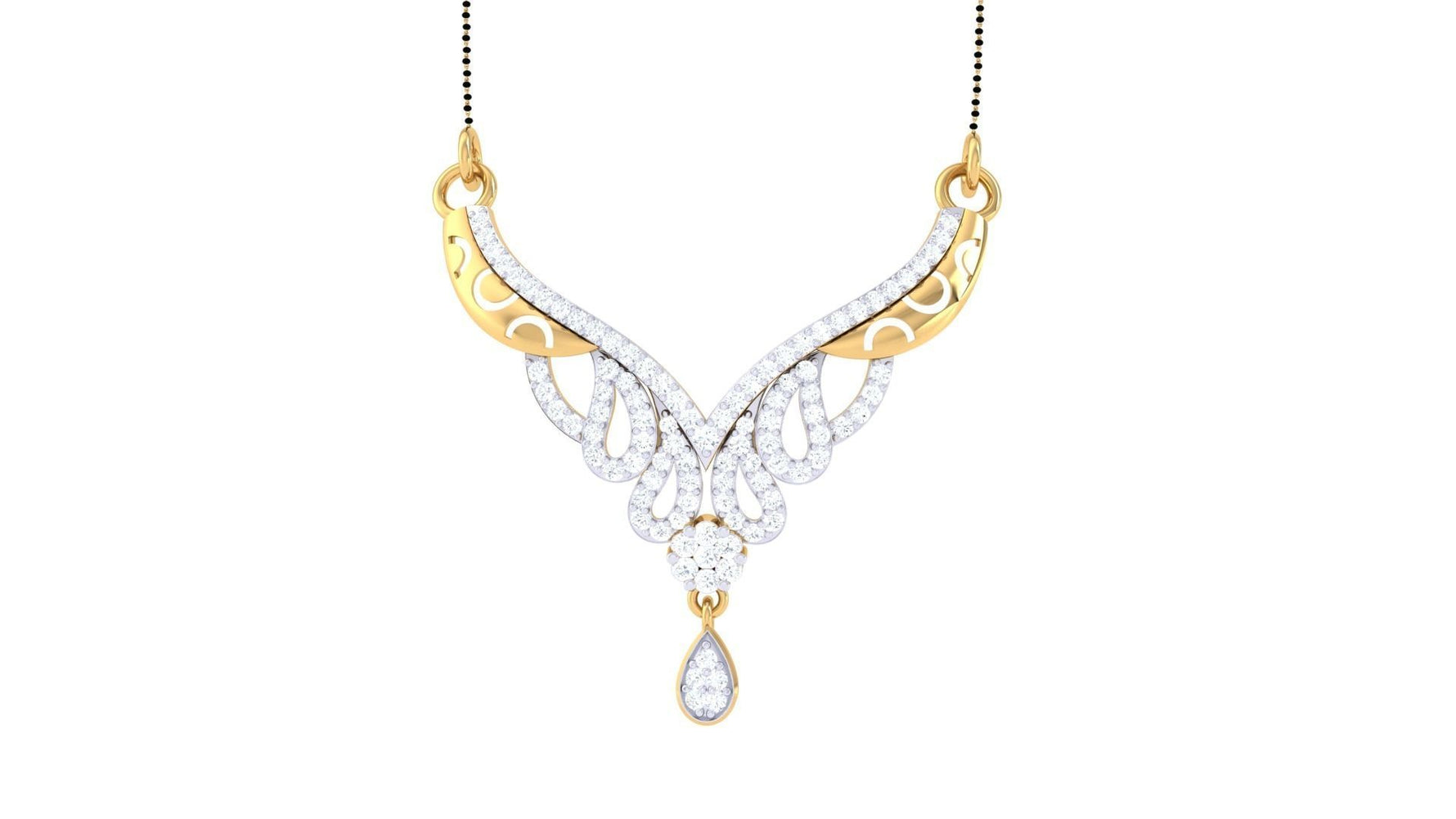 The Austyn Diamond Mangalsutra by Niraa is a luxurious gold necklace featuring an intricate, symmetrical design adorned with sparkling white gemstones. The centerpiece boasts a teardrop-shaped gem elegantly hanging below ornate swirls and loops, enhancing any sophisticated ensemble.