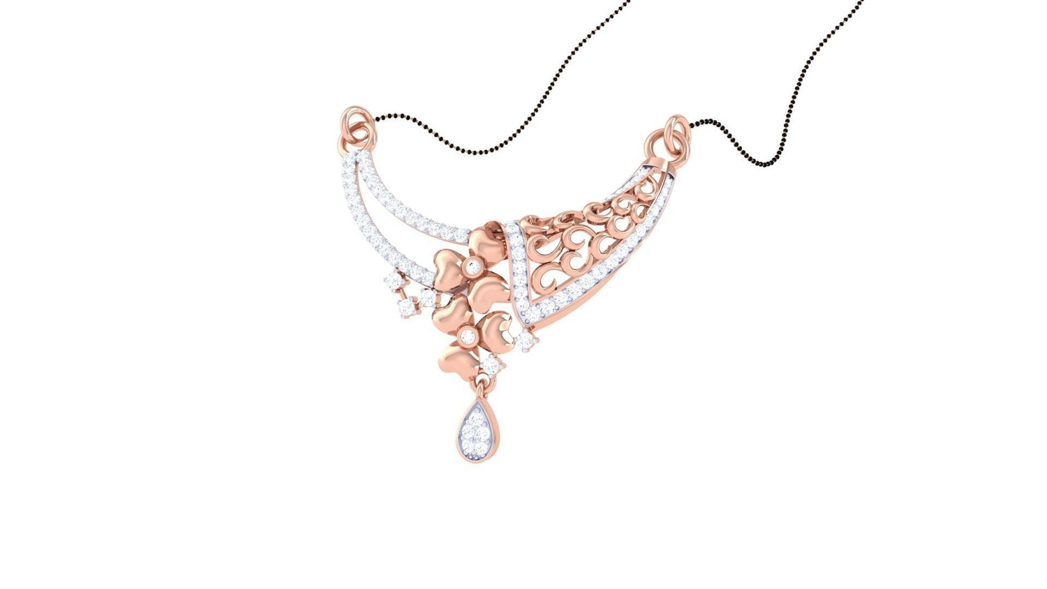 The Kimora Diamond Mangalsutra by Niraa features intricate floral detailing with diamond accents and a central teardrop-shaped pendant, offering a touch of elegance to any outfit.