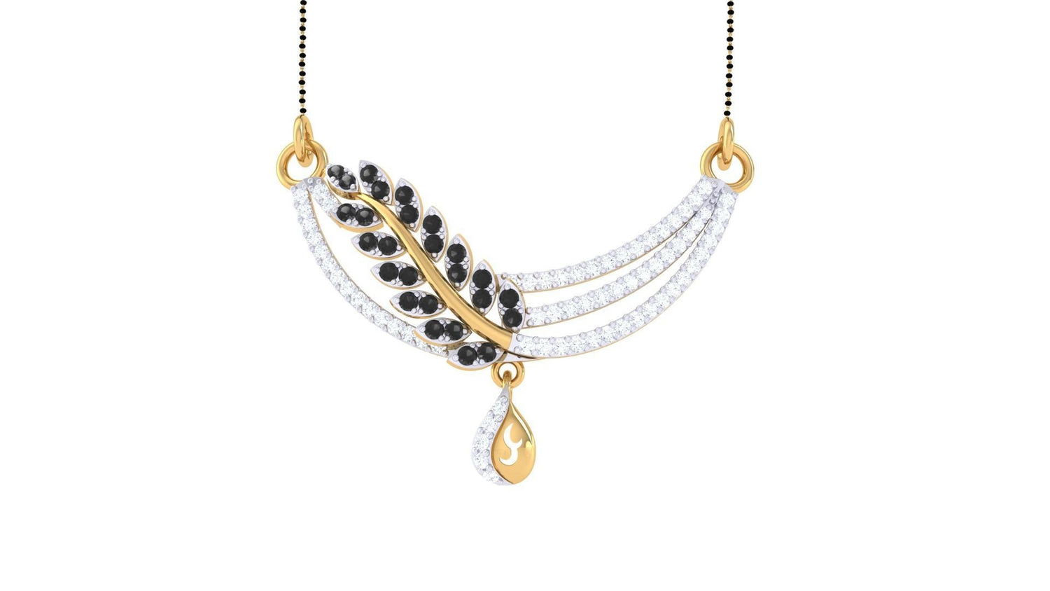 The Niraa Keilani Diamond Mangalsutra is a stunning piece with a gold leaf-shaped pendant adorned with black and white stones. It features three rows of sparkling stones, a teardrop-shaped gold charm, and is completed by an elegant thin black chain.