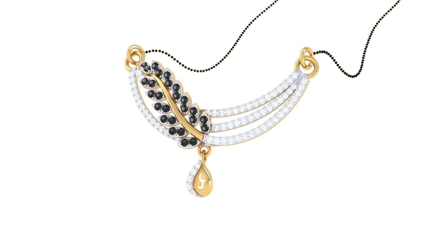 The Niraa Keilani Diamond Mangalsutra is a stunning piece with a gold leaf-shaped pendant adorned with black and white stones. It features three rows of sparkling stones, a teardrop-shaped gold charm, and is completed by an elegant thin black chain.