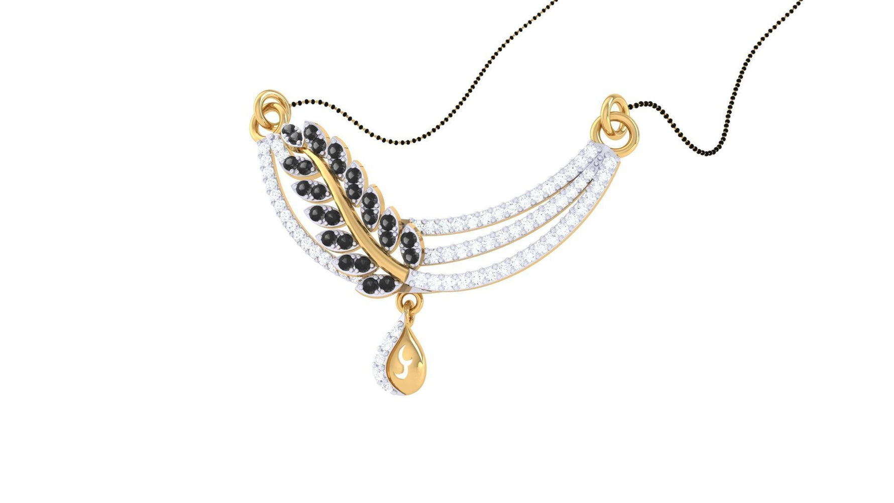 The Niraa Keilani Diamond Mangalsutra is a stunning piece with a gold leaf-shaped pendant adorned with black and white stones. It features three rows of sparkling stones, a teardrop-shaped gold charm, and is completed by an elegant thin black chain.