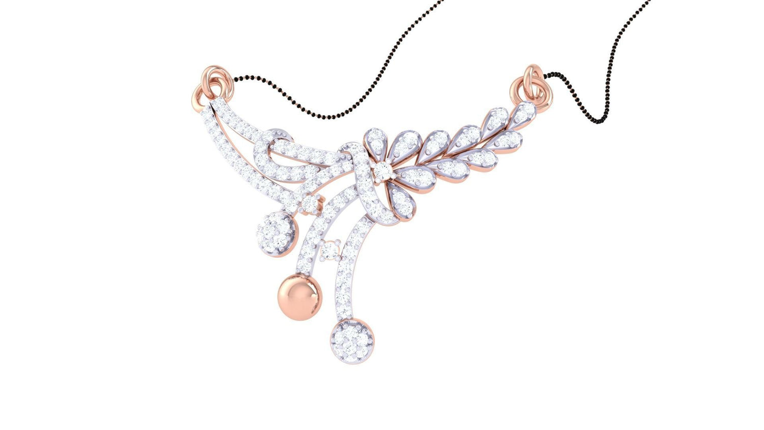 The Hana Diamond Mangalsutra by Niraa features a gold and diamond floral design with sparkling diamonds in leaf patterns. Swirling branches intricately weave through round diamond accents, crafting breathtaking jewelry art.