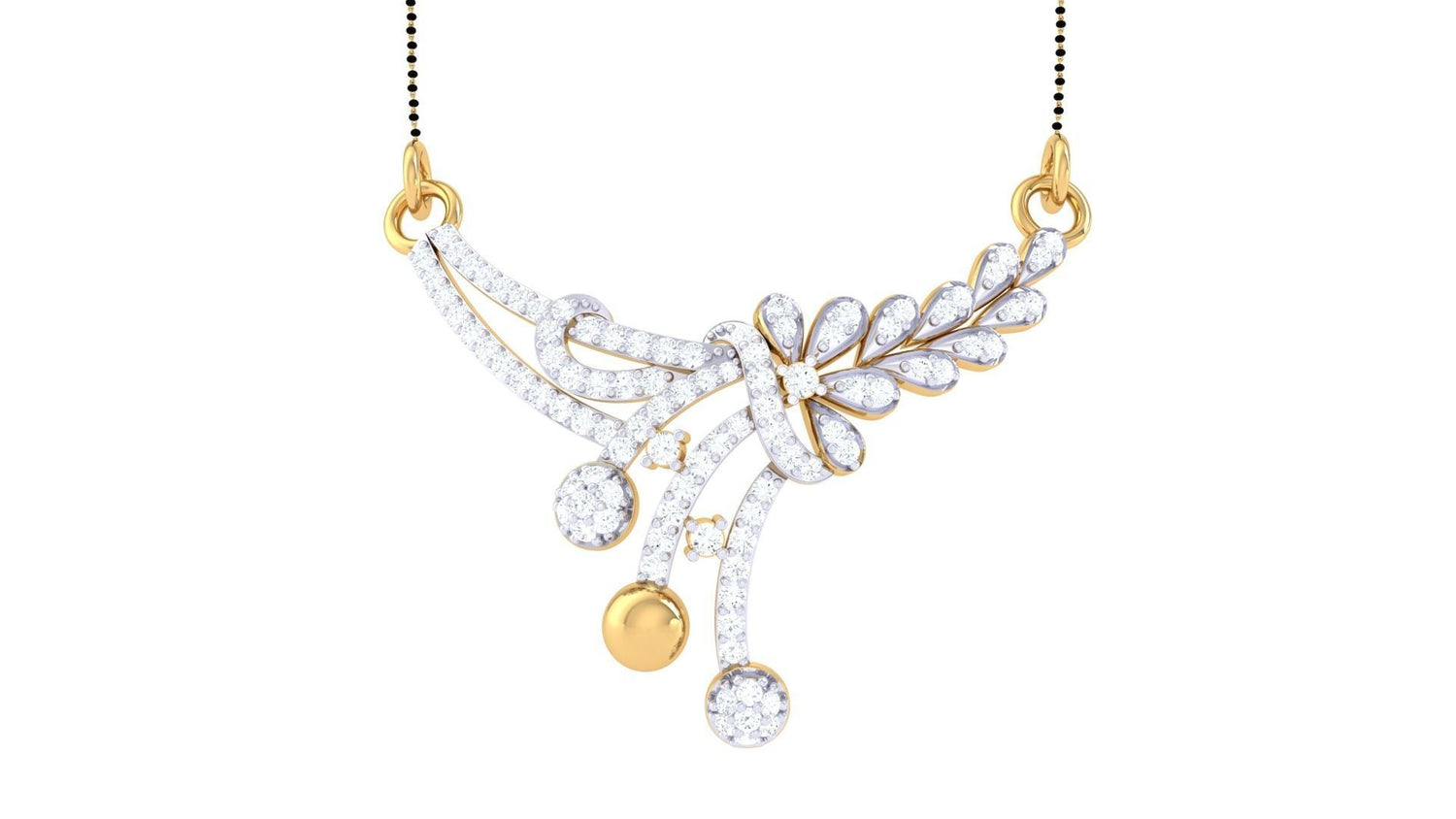 The Hana Diamond Mangalsutra by Niraa features a gold and diamond floral design with sparkling diamonds in leaf patterns. Swirling branches intricately weave through round diamond accents, crafting breathtaking jewelry art.