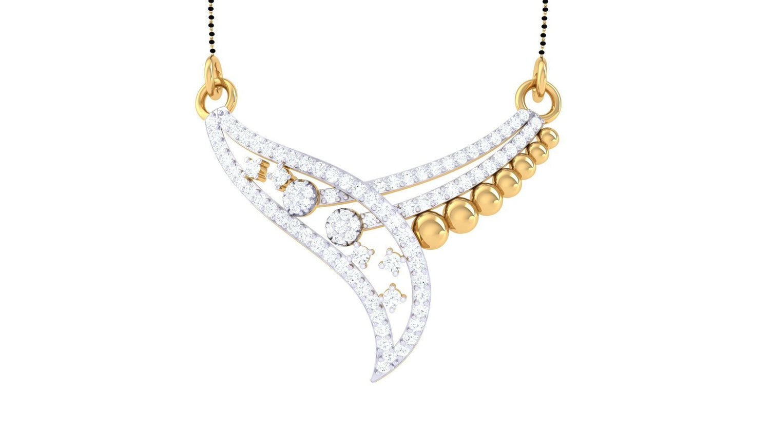 The Annika Diamond Mangalsutra by Niraa features a modern, abstract gold and diamond pendant with curved lines and intricate gold beads. Elegantly hanging from a delicate chain, it seamlessly combines contemporary style with timeless elegance.