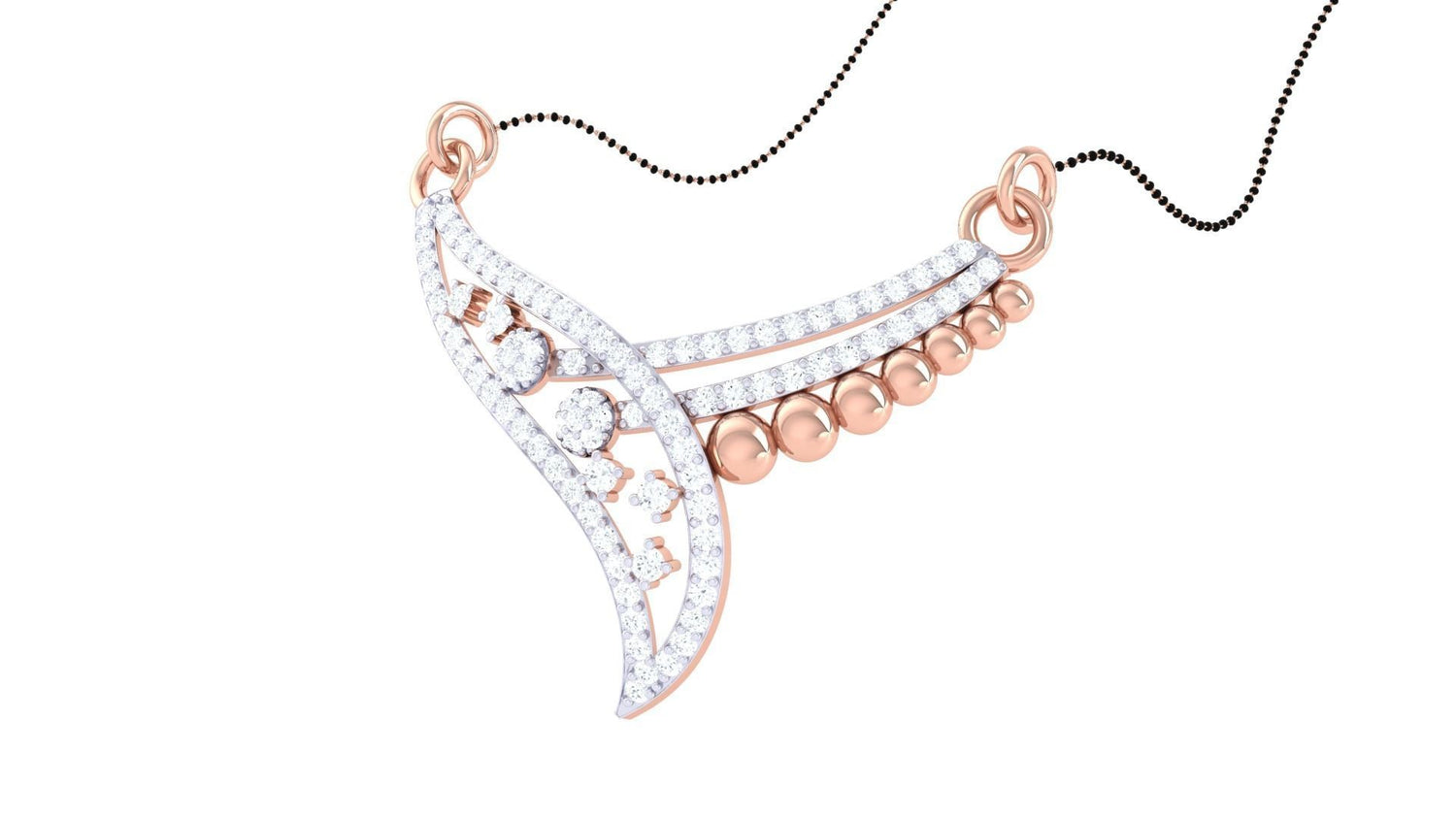 The Annika Diamond Mangalsutra by Niraa features a modern, abstract gold and diamond pendant with curved lines and intricate gold beads. Elegantly hanging from a delicate chain, it seamlessly combines contemporary style with timeless elegance.