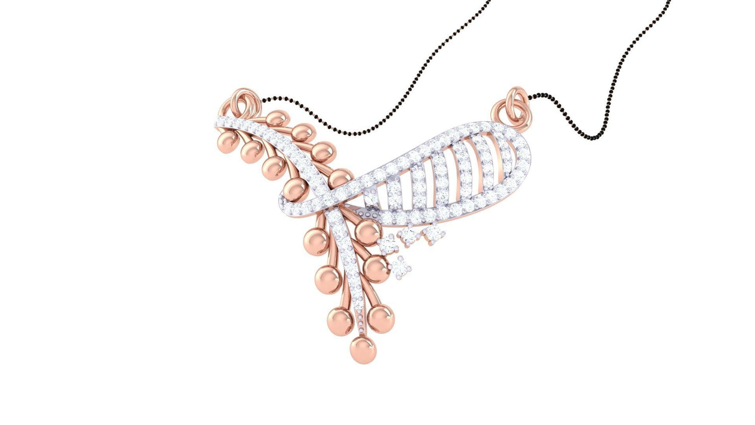 The Elina Diamond Mangalsutra by Niraa features an abstract, flowing design with gold circular elements and curved diamond rows on a delicate black chain, exuding timeless elegance and sophistication.