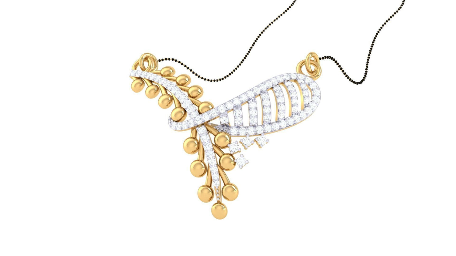 The Elina Diamond Mangalsutra by Niraa features an abstract, flowing design with gold circular elements and curved diamond rows on a delicate black chain, exuding timeless elegance and sophistication.