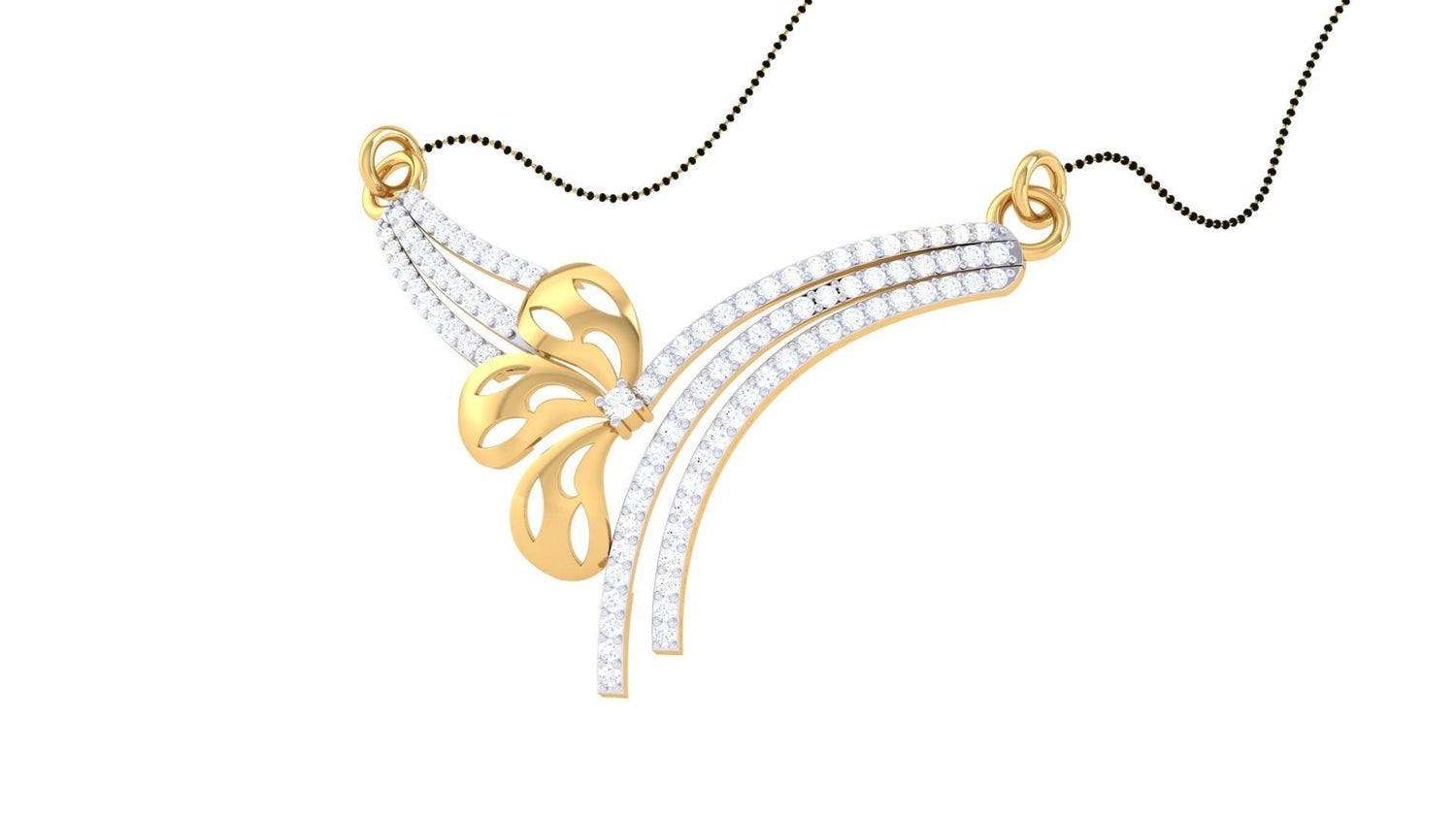 The Niraa Amirah Diamond Mangalsutra features an intricate design with a central floral motif, gold petals, and diamond arcs on a delicate chain, combining elegance and luxury.