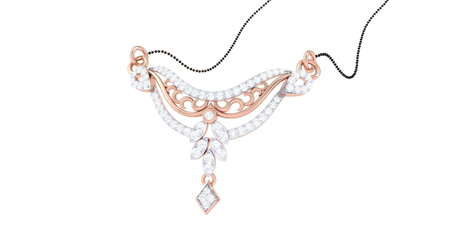 The Whitley Diamond Mangalsutra by Niraa is a stunning gold necklace featuring intricate designs and embellishments with sparkling clear stones. Its flowing patterns lead to a symmetrical central pendant, beautifully contrasted against a plain white background.