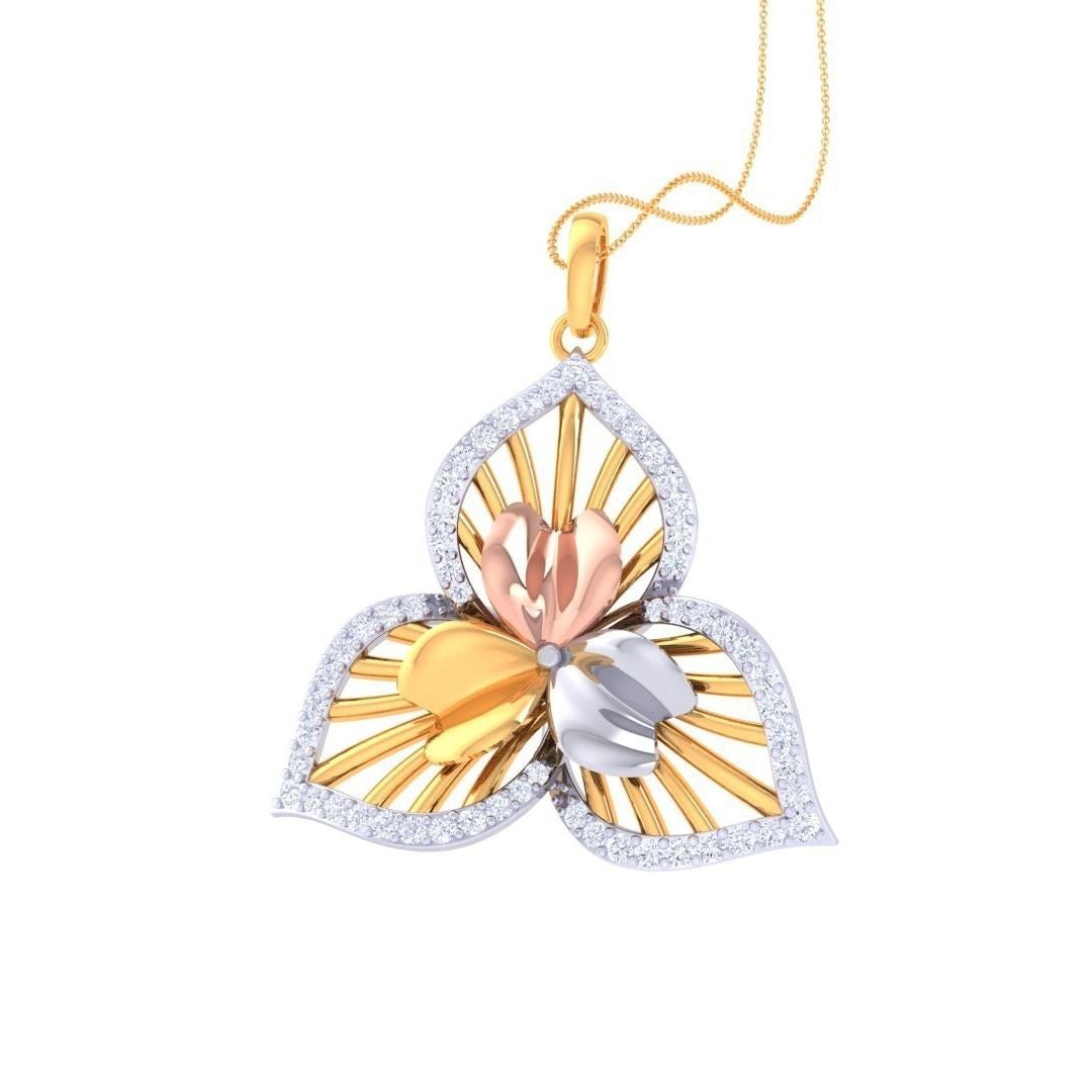 The Madisyn Diamond Pendant by Niraa, shaped like a three-petal orchid, features a gold design bordered with diamonds and hangs from a delicate golden chain, epitomizing elegance and luxury.
