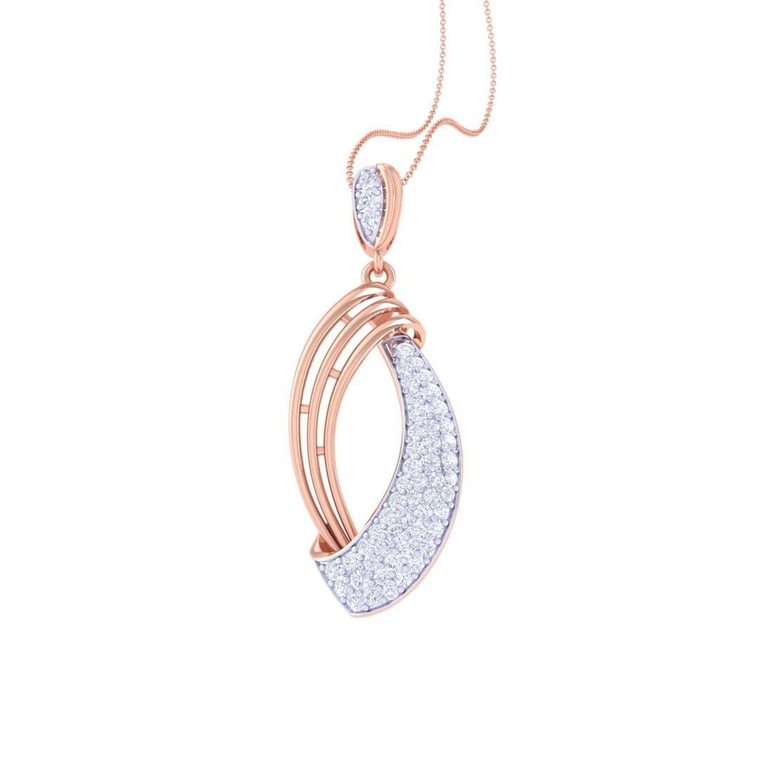 The Niraa Saige Diamond Pendant features an abstract design with a diamond-encrusted crescent and elegant gold curves, gracefully hanging from a thin gold chain, exuding sophistication and timeless charm.