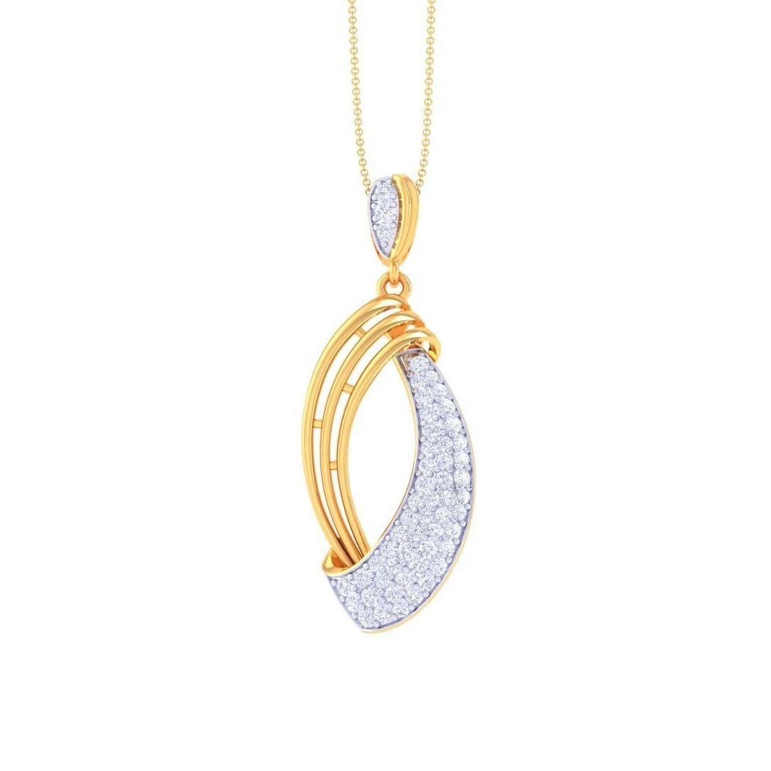 The Niraa Saige Diamond Pendant features an abstract design with a diamond-encrusted crescent and elegant gold curves, gracefully hanging from a thin gold chain, exuding sophistication and timeless charm.