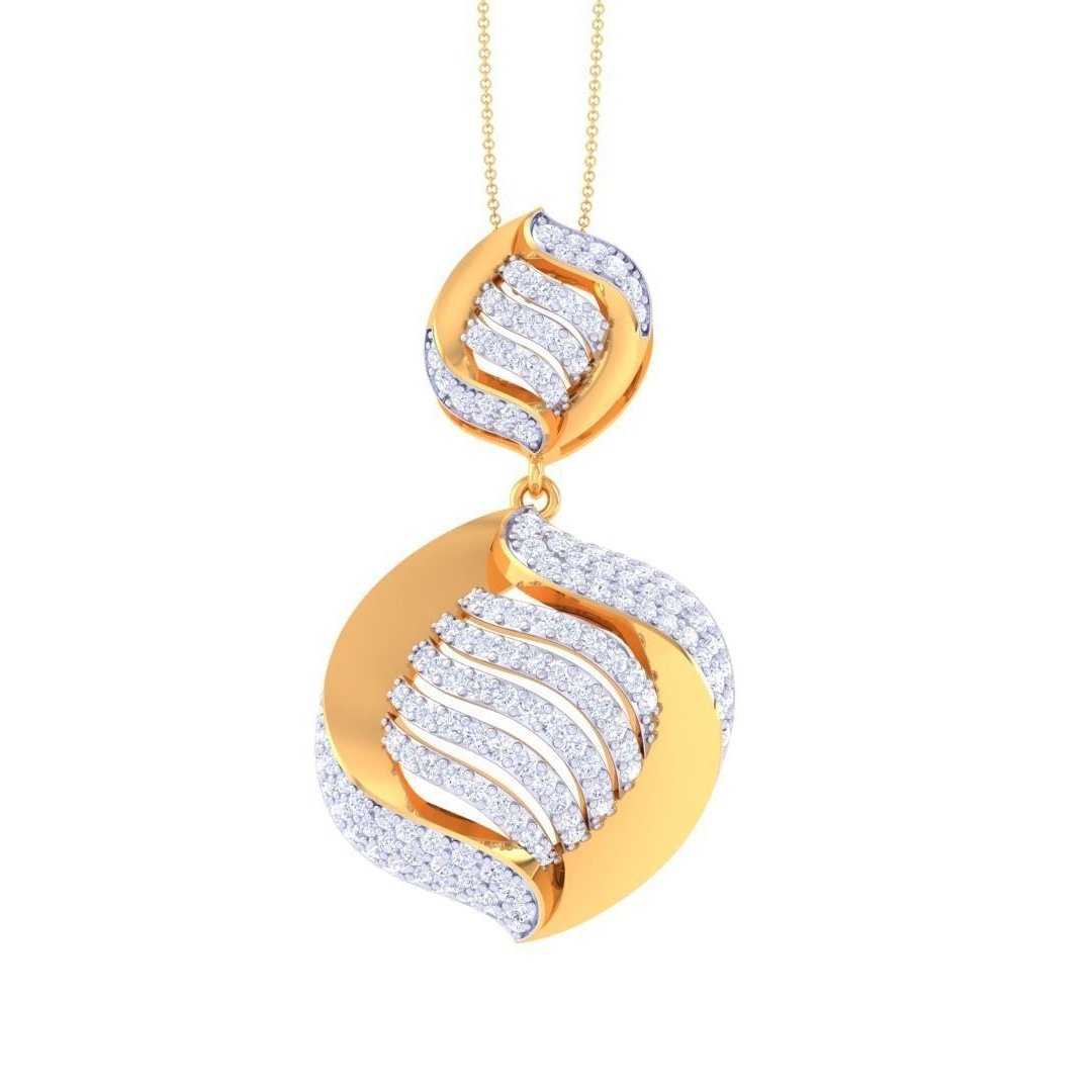 The Alia Diamond Pendant by Niraa boasts wave-like designs adorned with sparkling diamonds on a gold base. This sophisticated piece hangs gracefully from a delicate chain, embodying timeless beauty.