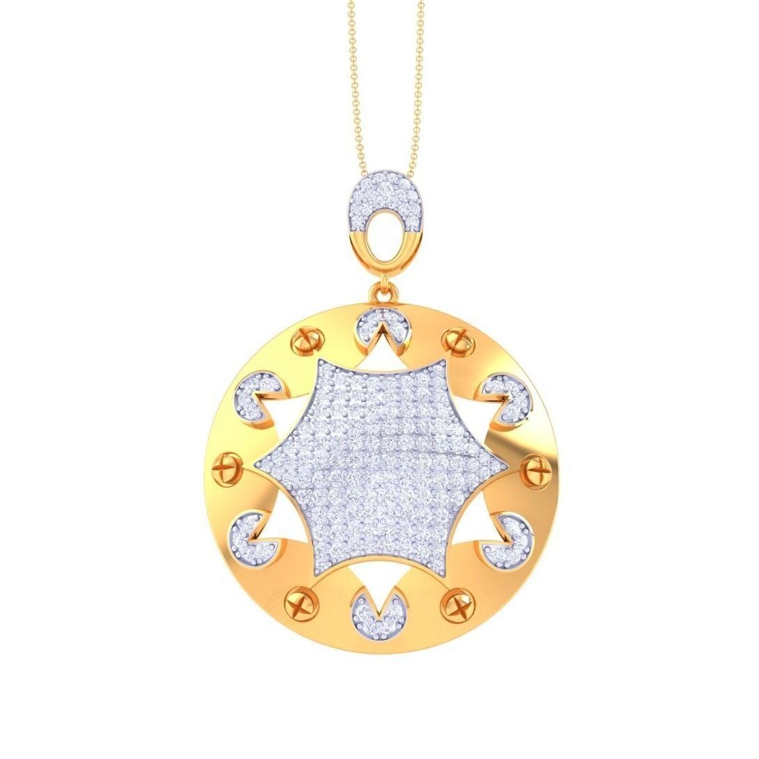 The Tiana Diamond Pendant by Niraa showcases a stunning circular gold design, featuring a central silver starburst adorned with sparkling diamonds, elegantly hanging from a gold chain. It perfectly merges timeless beauty with modern luxury.