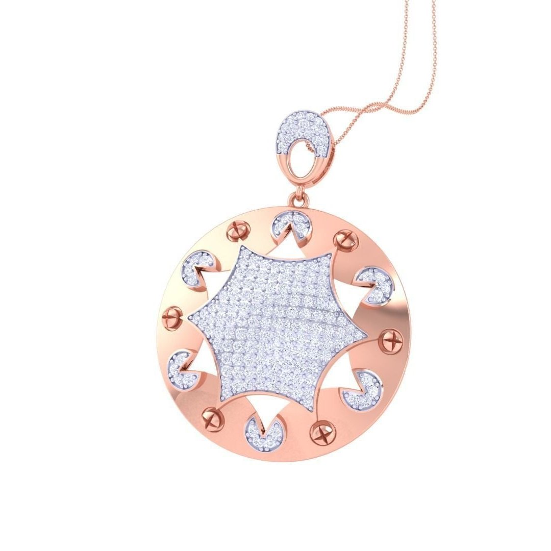 The Tiana Diamond Pendant by Niraa showcases a stunning circular gold design, featuring a central silver starburst adorned with sparkling diamonds, elegantly hanging from a gold chain. It perfectly merges timeless beauty with modern luxury.