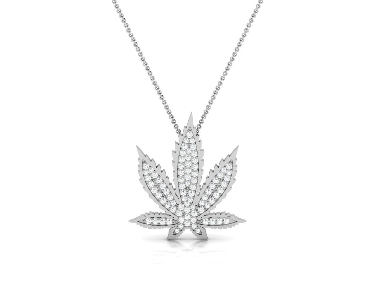 The Lennox Diamond Pendant by Niraa, featuring a rose-gold necklace with a cannabis leaf design encrusted in diamonds, stands elegantly against a pristine white backdrop.