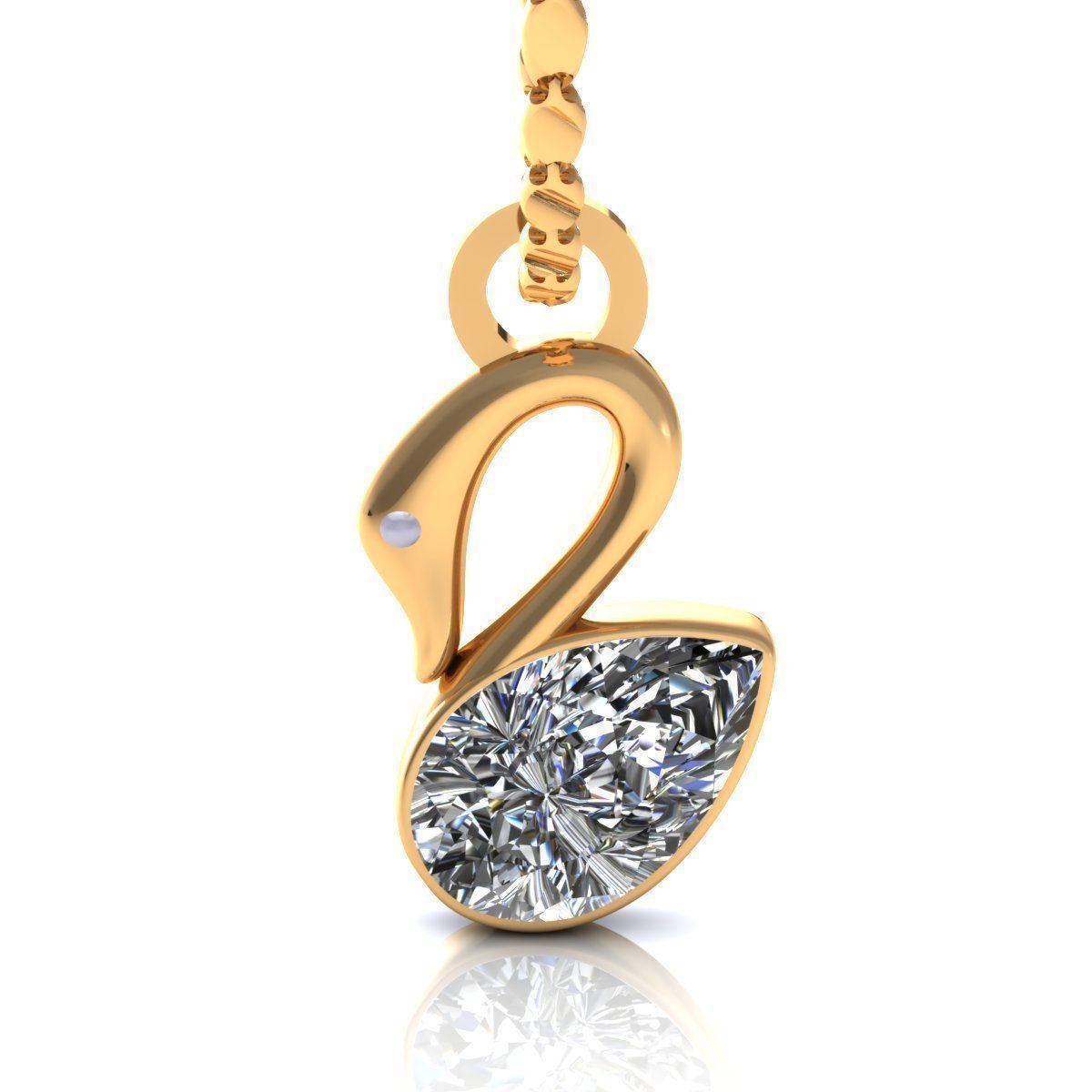 The Ailani Diamond Pendant by Niraa features a gold swan-shaped design with a clear gem at the base, elegantly hanging from a delicate gold chain on a white background.