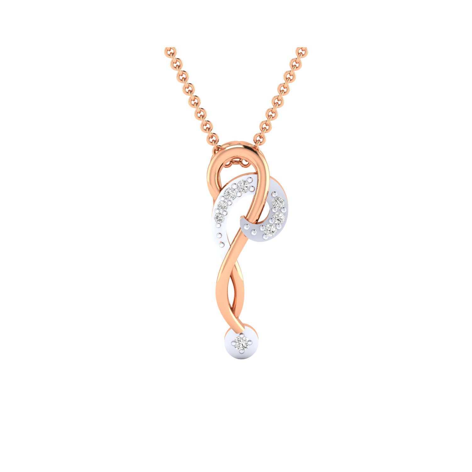 The Karla Diamond Pendant by Niraa showcases intertwined rose gold and silver infinity symbols adorned with small diamonds, elegantly suspended on a delicate rose gold chain for a timeless and sophisticated look.