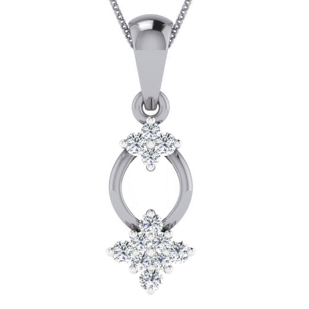 The Aubrie Diamond Pendant by Niraa is a silver necklace with a circular design featuring clusters of small, sparkling gemstones. The top forms a triangular cluster and the bottom forms a four-pointed star, all set in a polished silver frame.
