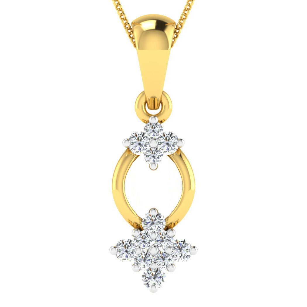 The Aubrie Diamond Pendant by Niraa is a silver necklace with a circular design featuring clusters of small, sparkling gemstones. The top forms a triangular cluster and the bottom forms a four-pointed star, all set in a polished silver frame.