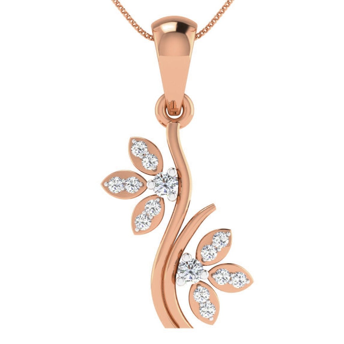 The Harlee Diamond Pendant by Niraa is a rose gold necklace with diamond-studded floral motifs, featuring a delicate twisting stem adorned with petal shapes set with small sparkling diamonds for an elegant and intricate design.