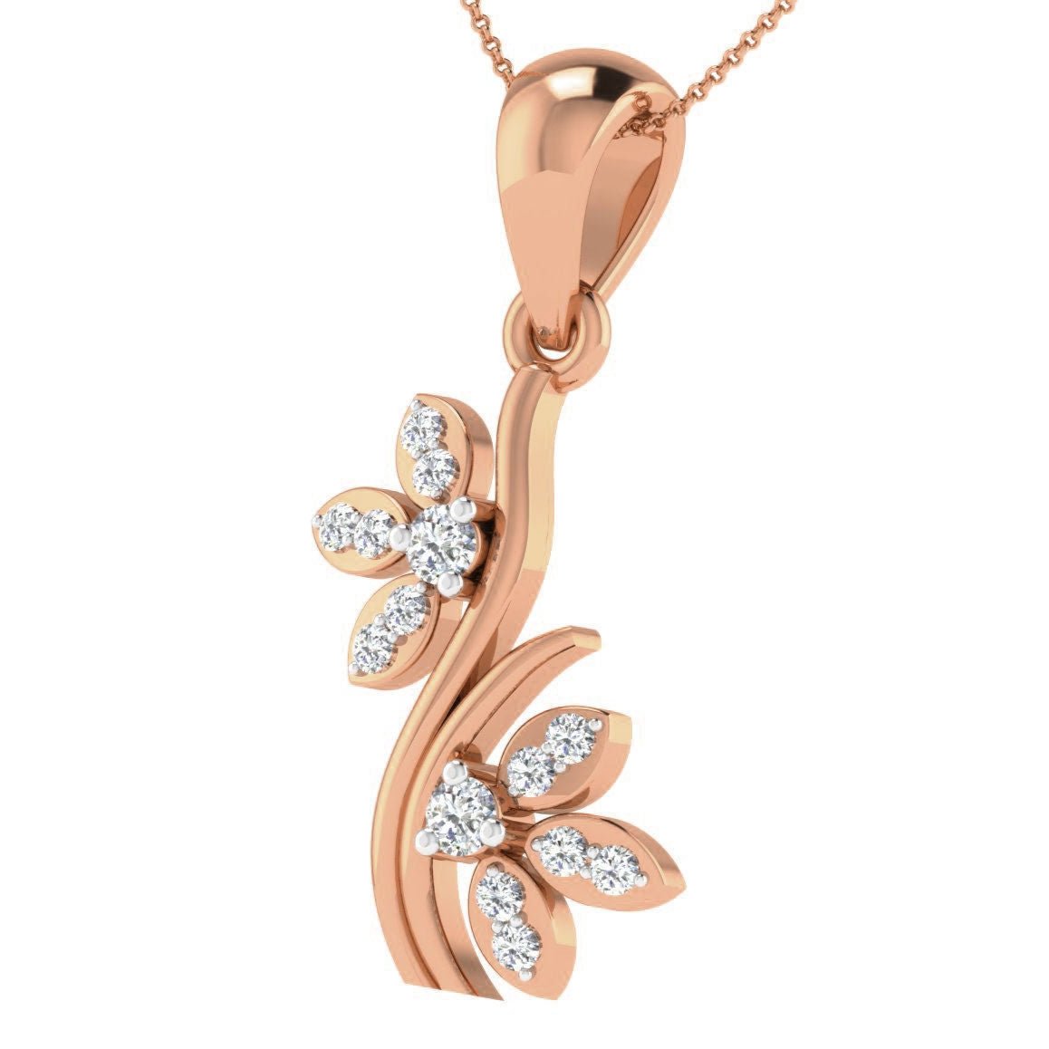 The Harlee Diamond Pendant by Niraa is a rose gold necklace with diamond-studded floral motifs, featuring a delicate twisting stem adorned with petal shapes set with small sparkling diamonds for an elegant and intricate design.