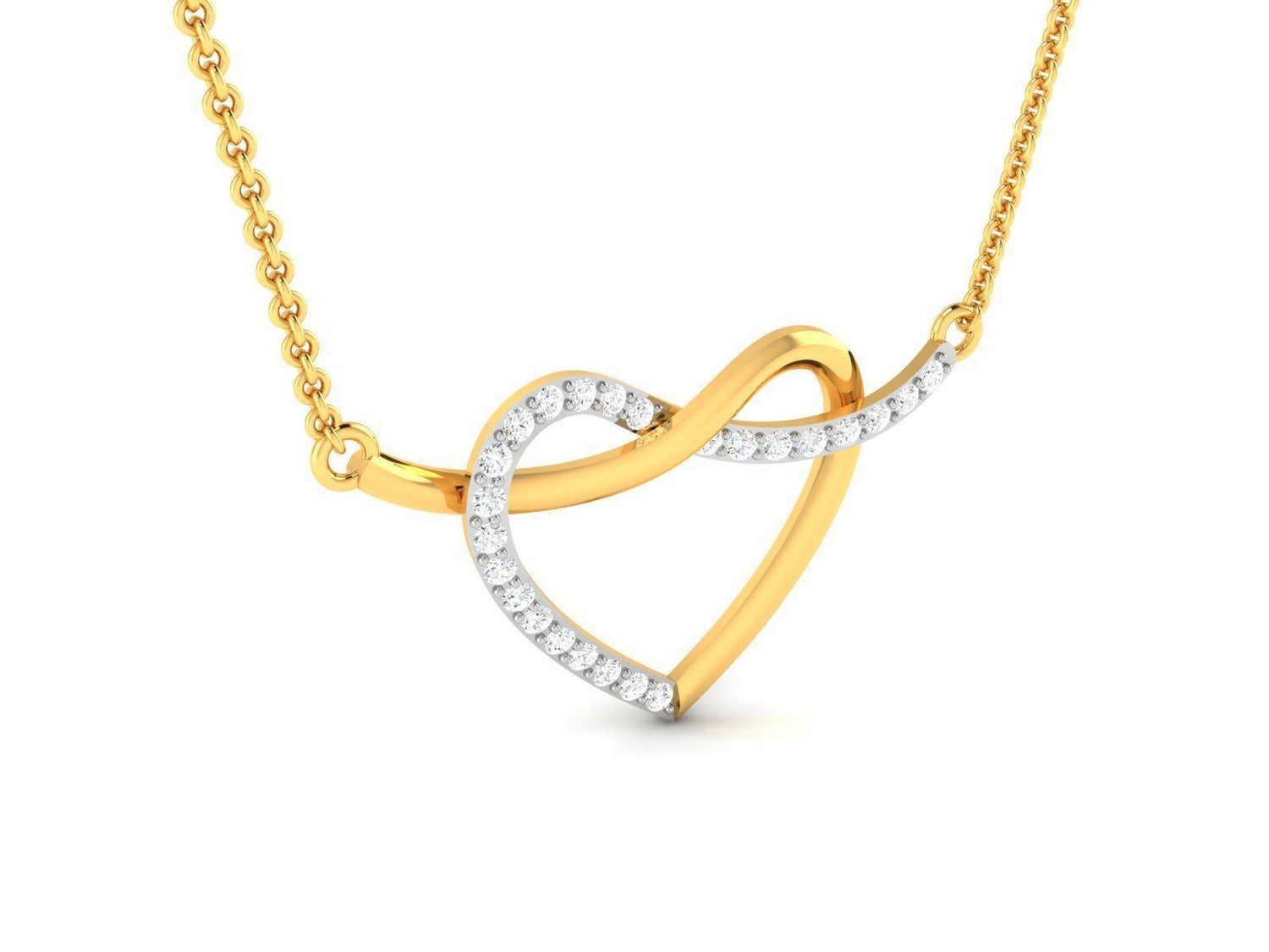 The Jayde Diamond Pendant by Niraa is a gold chain necklace featuring a heart-shaped pendant with an intertwining ribbon design in gold and silver, adorned with small shimmering diamonds. This elegant piece blends timeless charm with modern sophistication, making it a captivating addition to any collection.