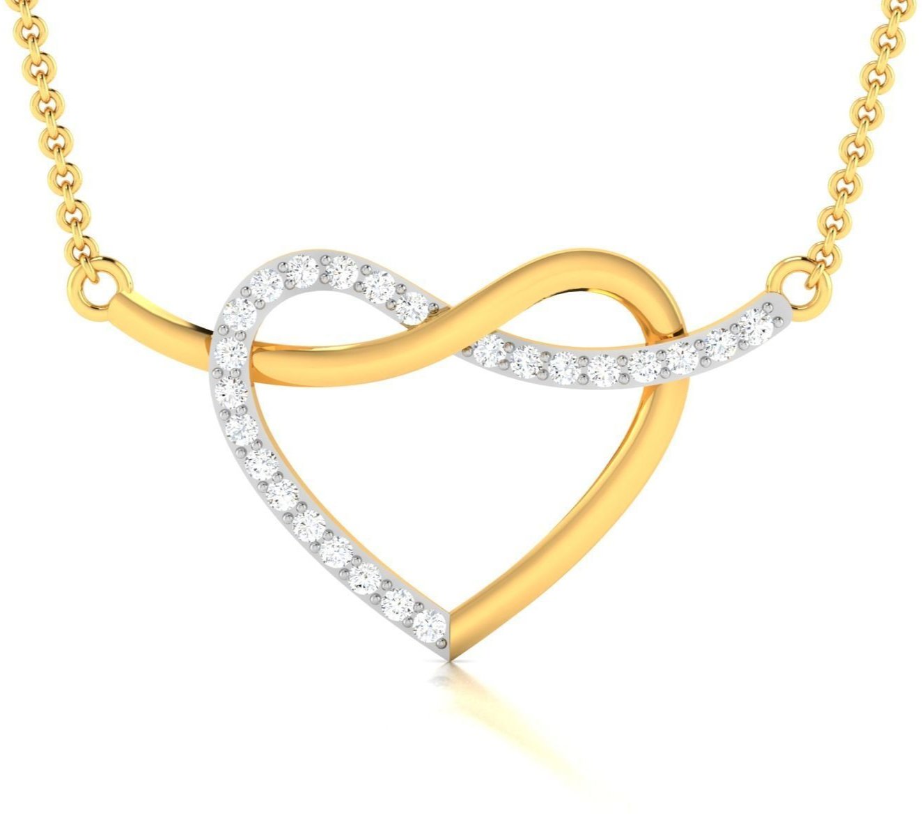 The Jayde Diamond Pendant by Niraa is a gold chain necklace featuring a heart-shaped pendant with an intertwining ribbon design in gold and silver, adorned with small shimmering diamonds. This elegant piece blends timeless charm with modern sophistication, making it a captivating addition to any collection.