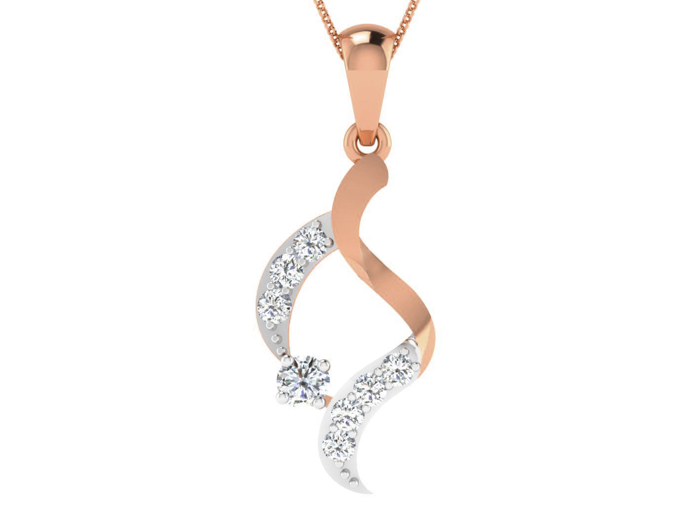 The Tenley Diamond Pendant by Niraa showcases intertwined rose gold and silver curves, with the silver side adorned with small diamonds. This asymmetrical and elegant piece hangs from a delicate rose gold chain, offering timeless sophistication.