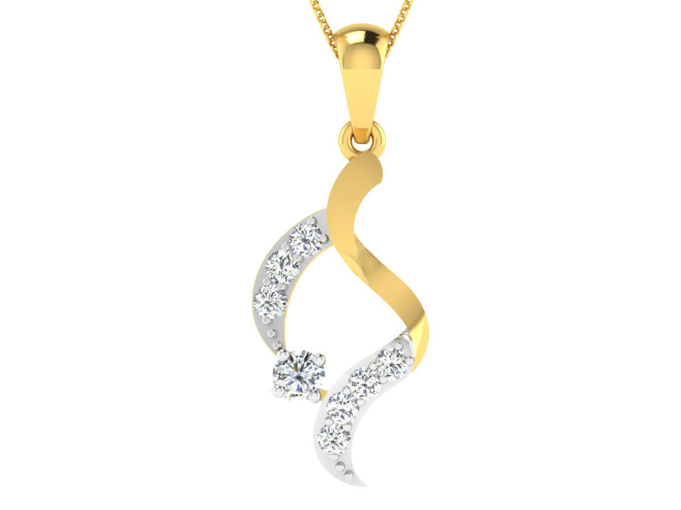 The Tenley Diamond Pendant by Niraa showcases intertwined rose gold and silver curves, with the silver side adorned with small diamonds. This asymmetrical and elegant piece hangs from a delicate rose gold chain, offering timeless sophistication.