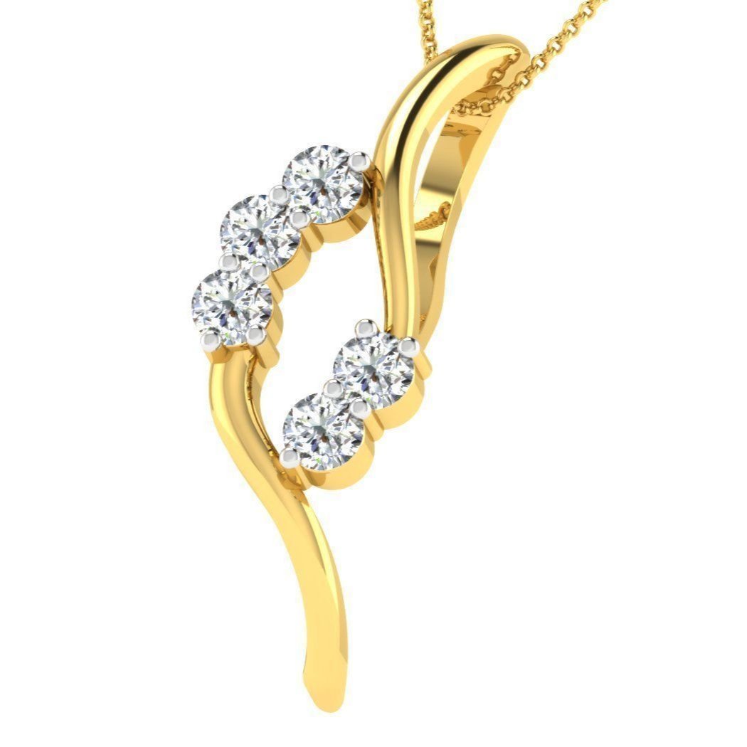 The Zaria Diamond Pendant by Niraa showcases six round, sparkling diamonds in a wavy design with two curved rows. It hangs on a delicate gold chain, exuding an elegant and sophisticated allure.